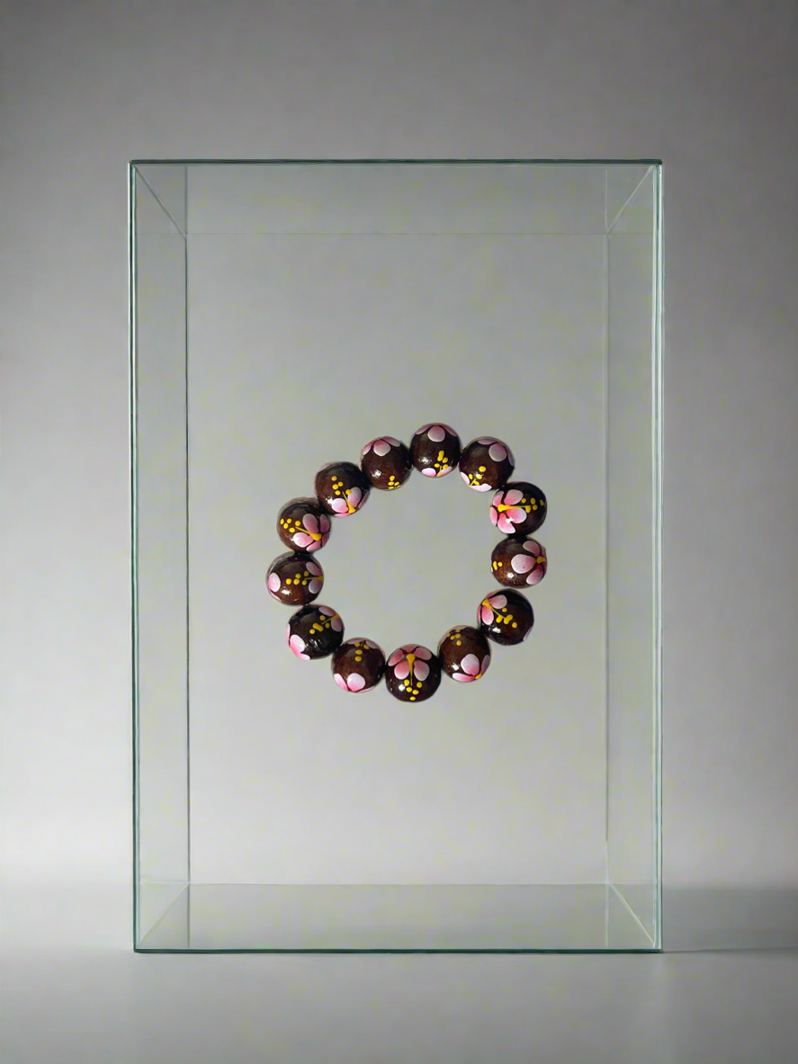 Pink and yellow wood flower bracelet